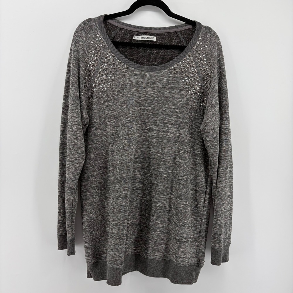 maurices Gray Long Sleeve‎ Sweater Embellished Sparkle Rhinestone Crew Neck 1X